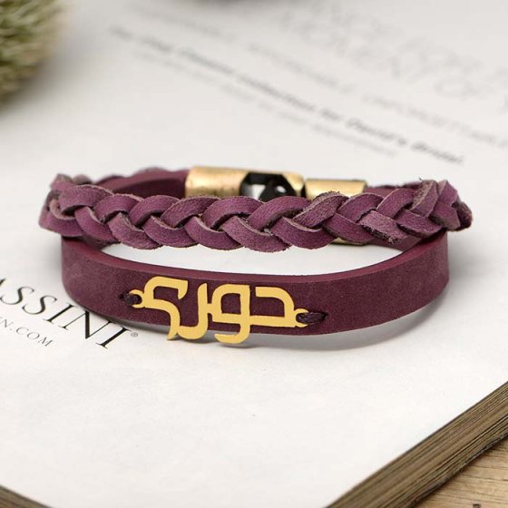 دستبند طلا چرم با پلاک اسم حوری