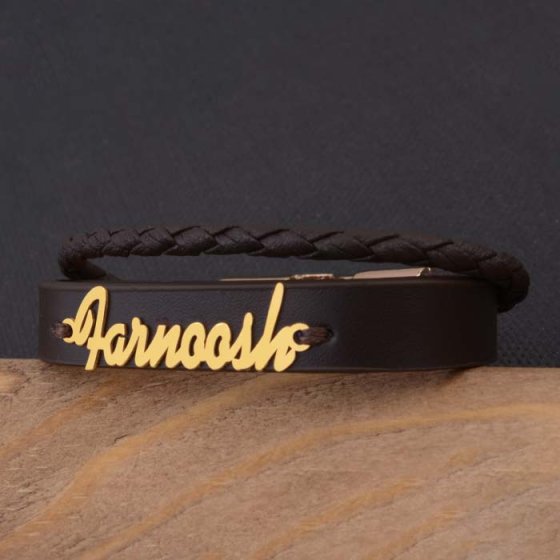 دستبند طلا چرم با پلاک اسم فرنوش