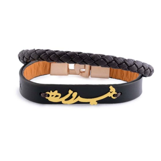 دستبند طلا چرم با پلاک اسم فیروزه