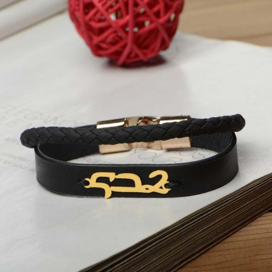 دستبند طلا چرم با پلاک اسم هدی
