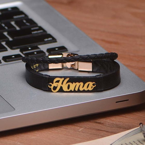 دستبند طلا چرم با پلاک اسم هما