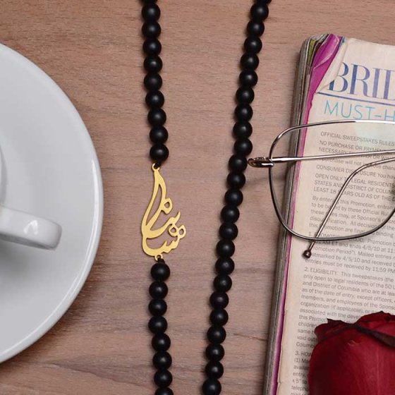 گردنبند اونیکس با پلاک طلا اسم ساینا