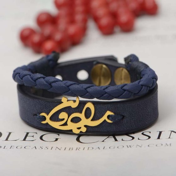 دستبند طلا چرم با پلاک اسم رادوین