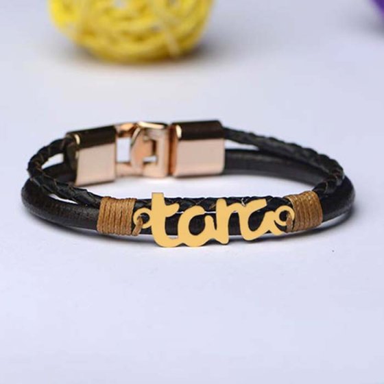 دستبند طلا چرم با پلاک اسم تارا
