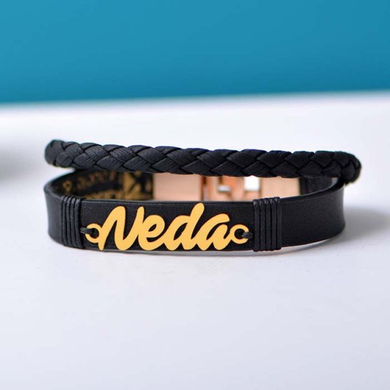 دستبند طلا چرم با پلاک اسم ندا