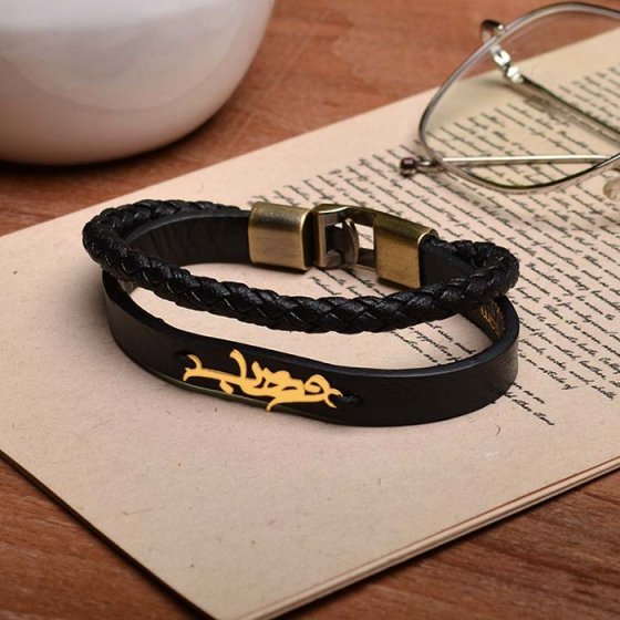 دستبند طلا چرم با پلاک اسم وهاب