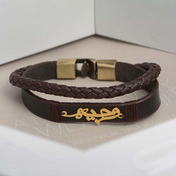 دستبند طلا چرم با پلاک اسم وجیه