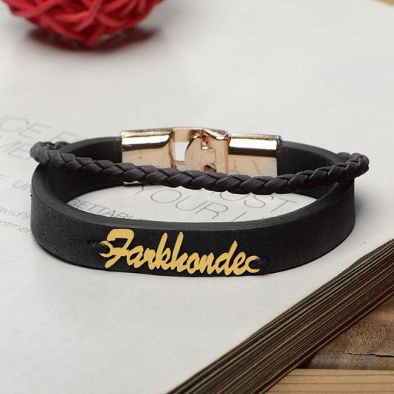 دستبند طلا چرم با پلاک اسم فرخنده