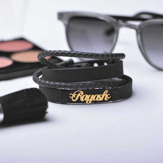 دستبند طلا چرم با پلاک اسم رایاش