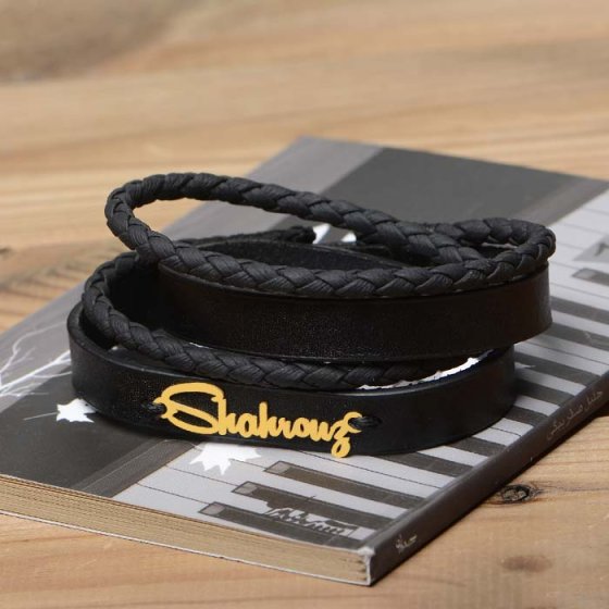 دستبند طلا چرم با پلاک اسم شهروز