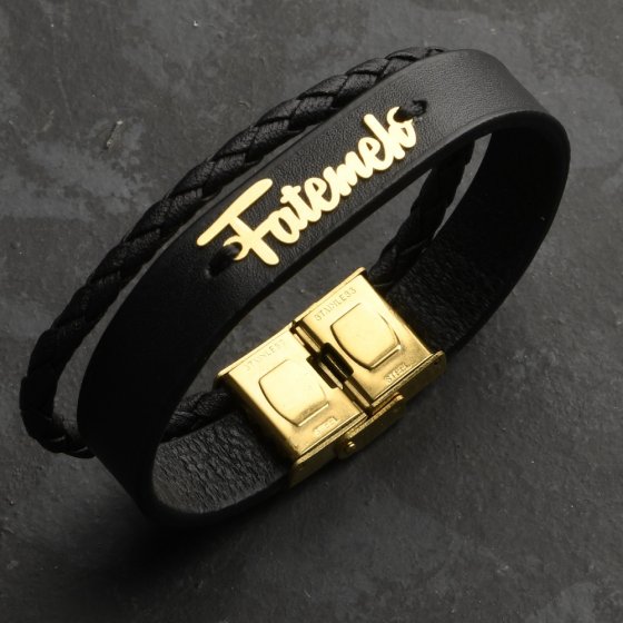 دستبند طلا چرم با پلاک اسم فاطمه