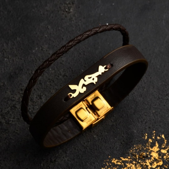 دستبند طلا چرم با پلاک اسم مجید