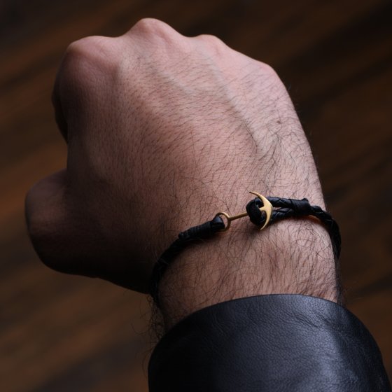 دستبند طلا چرم مردانه طرح لنگر