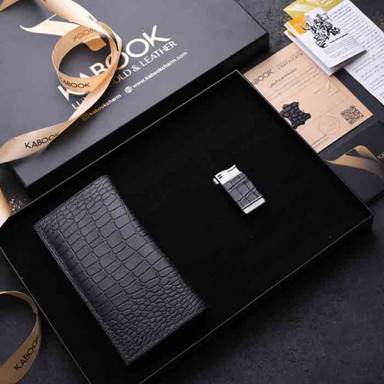 ست هدیه چرم کیف کتی و فندک مشکی