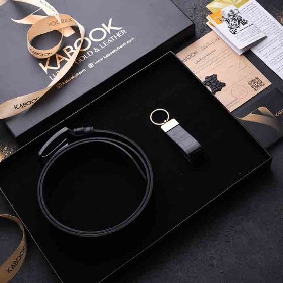 ست هدیه چرم جاکلیدی و کمربند مشکی