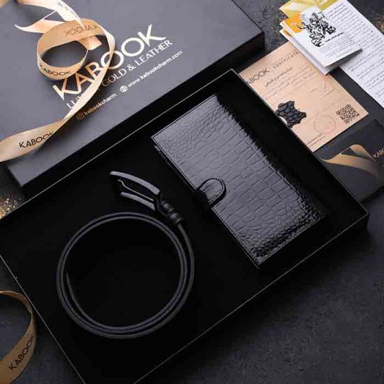 ست هدیه چرم کمربند و کیف موبایل مشکی