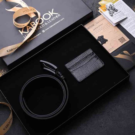 ست هدیه چرم کمربند و کیف کارت مشکی