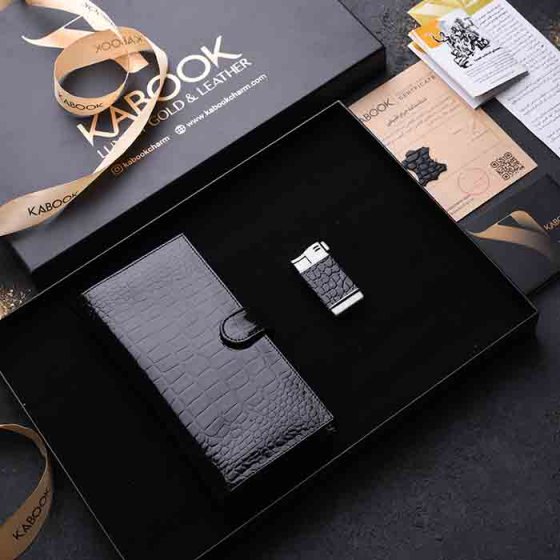 ست هدیه چرم کیف موبایل و فندک مشکی