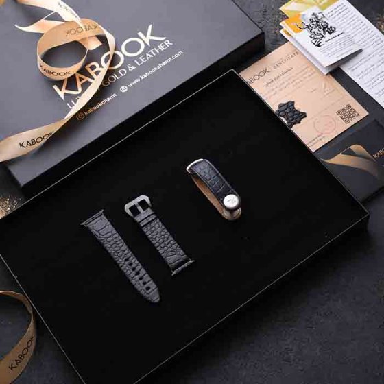 ست هدیه چرم اوربیت کی و بند اپل واچ مشکی