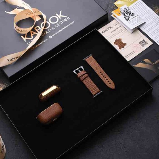 ست هدیه چرم قاب ایرپاد و بند اپل واچ عسلی