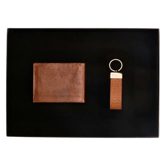 ست هدیه چرم جاکلیدی و کیف جیبی عسلی