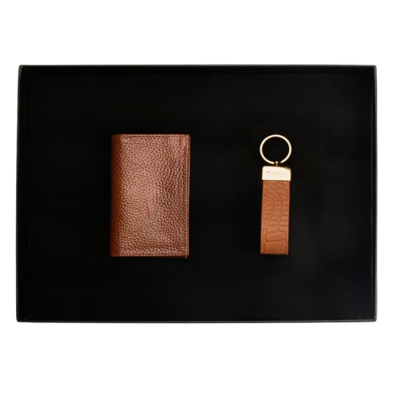 ست هدیه چرم جاکلیدی و کیف کارت عسلی