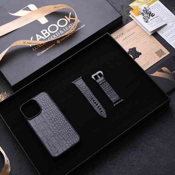 ست هدیه چرم قاب موبایل و بند اپل واچ مشکی