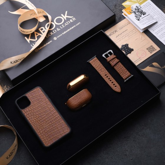 ست هدیه چرم قاب موبایل و قاب ایرپاد و بند اپل واچ عسلی