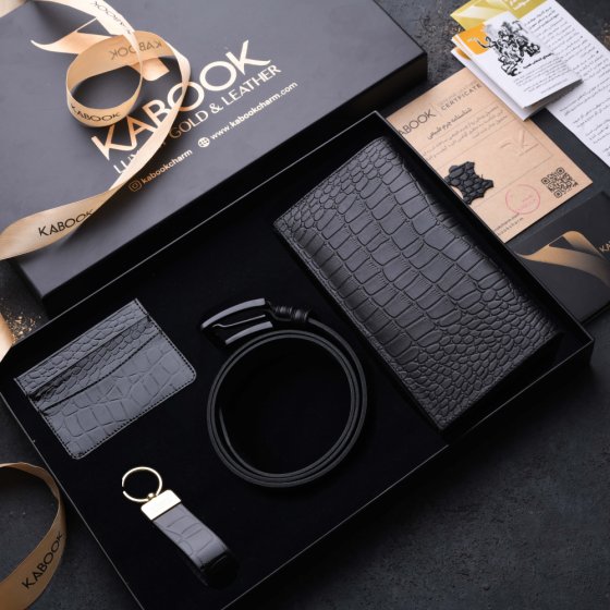 ست هدیه چرم کیف کتی و کیف کارت و جاکلیدی و کمربند مشکی