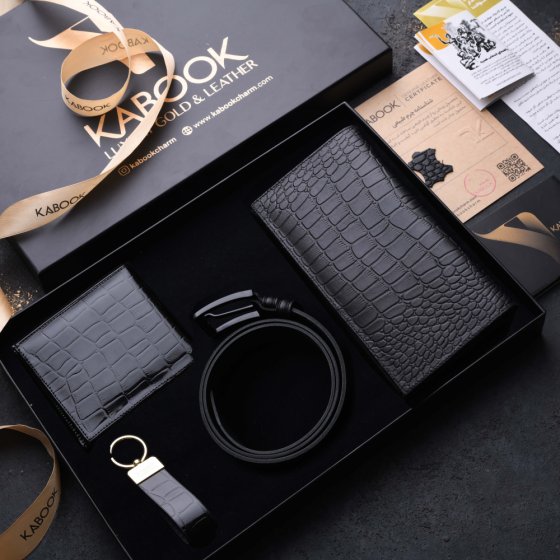 ست هدیه چرم کیف کتی و جاکلیدی و کیف جیبی و کمربند مشکی