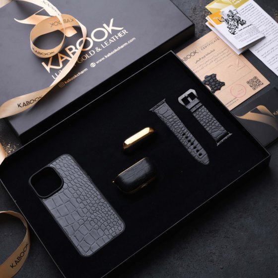 ست هدیه چرم قاب موبایل و قاب ایرپاد و اپل واچ مشکی