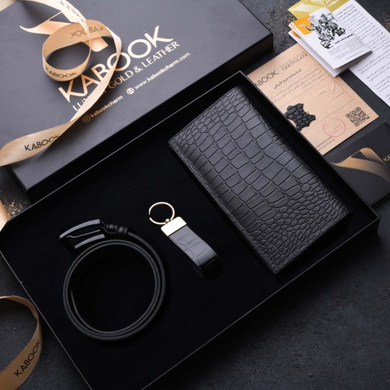 ست هدیه چرم کیف کتی و کمربند و جاکلیدی مشکی