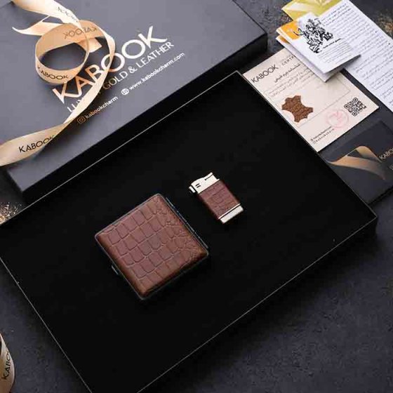ست هدیه چرم فندک و جعبه سیگار عسلی