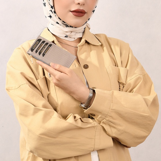 کیف پول زنانه کوچک زیپدار چرم خاکستری