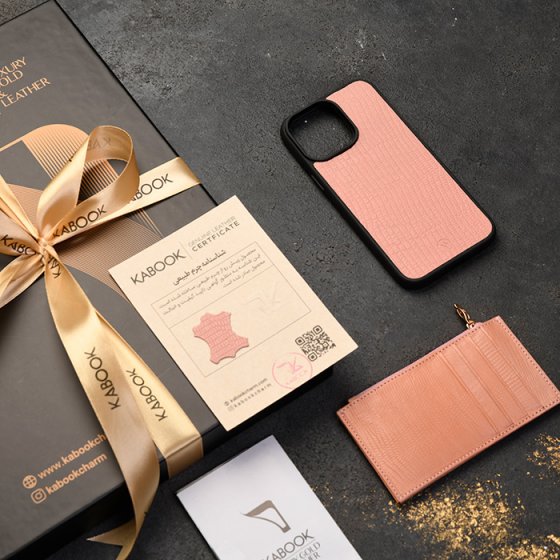 ست قاب موبایل و کیف کارت زیپی چرم صورتی