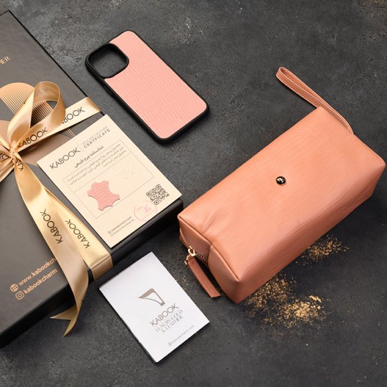 ست قاب موبایل و کیف آرایشی چرم صورتی