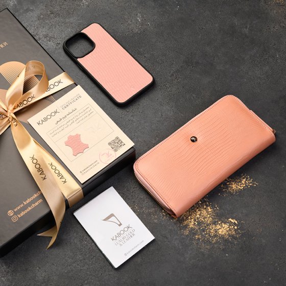 ست قاب موبایل و کیف پول زنانه چرم صورتی