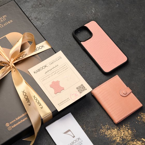 ست قاب موبایل و کیف کارت 4 لت چرم صورتی