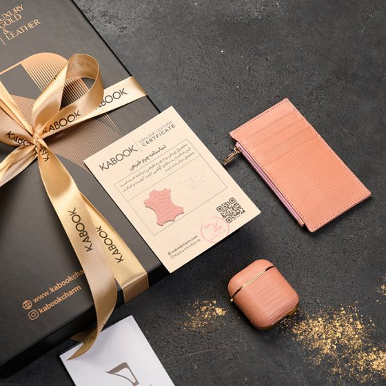 ست قاب ایرپاد و کیف کارت زیپی چرم صورتی