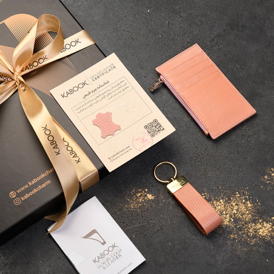 ست جاکلیدی و کیف کارت زیپی چرم صورتی