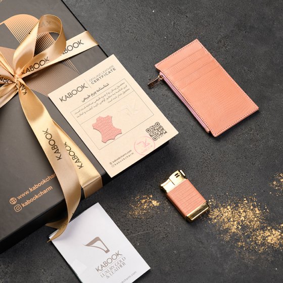 ست فندک و کیف کارت زیپی چرم صورتی