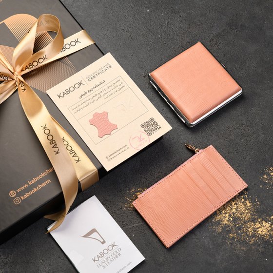 ست جعبه سیگار و کیف کارت زیپی چرم صورتی