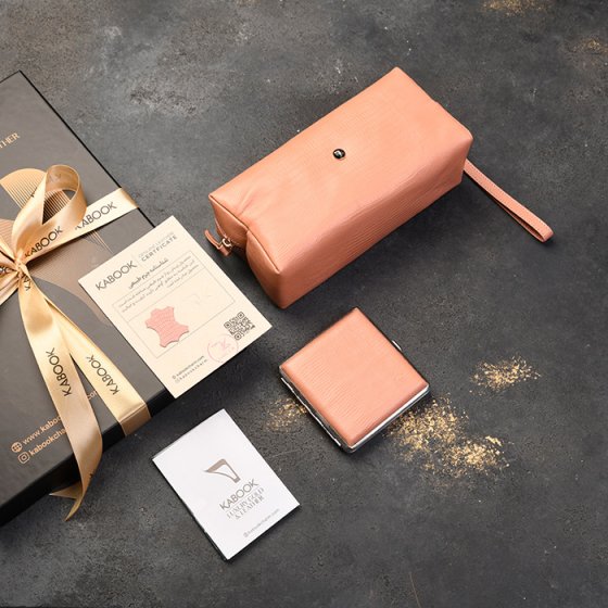 ست جعبه سیگار وکیف آرایشی چرم صورتی