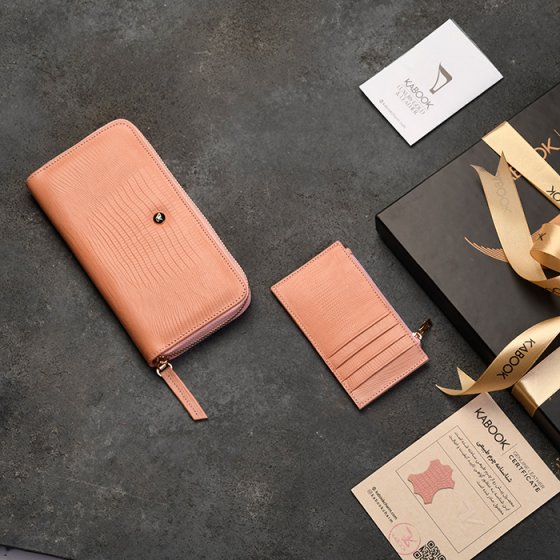 ست کیف کارت زیپی وکیف پول زنانه چرم صورتی