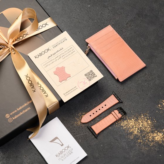 ست کیف کارت زیپی و بند اپل واچ چرم صورتی