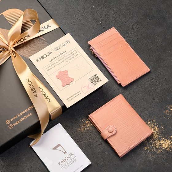 ست کیف کارت زیپی و کیف کارت 4 لت چرم صورتی