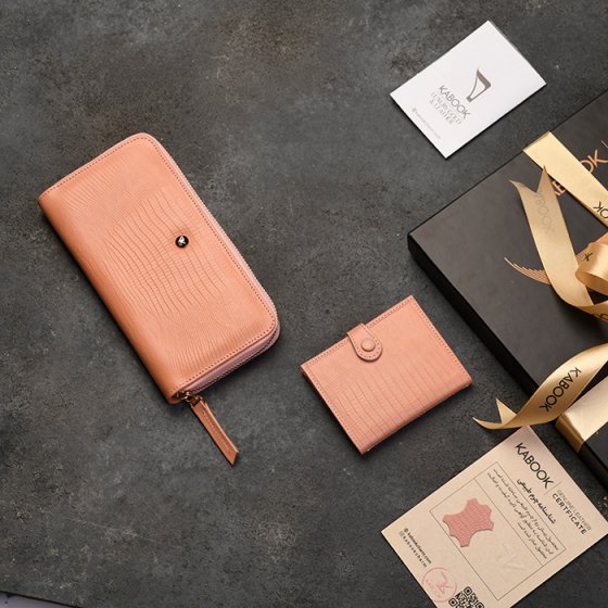 ست کیف پول زنانه و کیف کارت 4 لت چرم صورتی