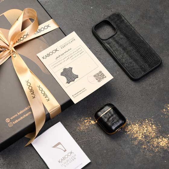 ست قاب موبایل و قاب ایرپاد چرم مشکی لیزارد