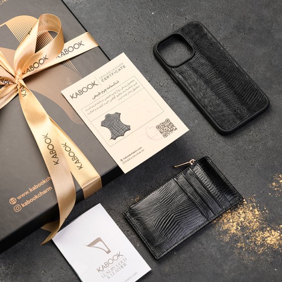 ست قاب موبایل و کیف کارت زیپی زنانه چرم مشکی لیزارد