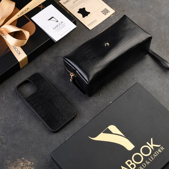 ست قاب موبایل و کیف آرایشی زنانه چرم مشکی لیزارد